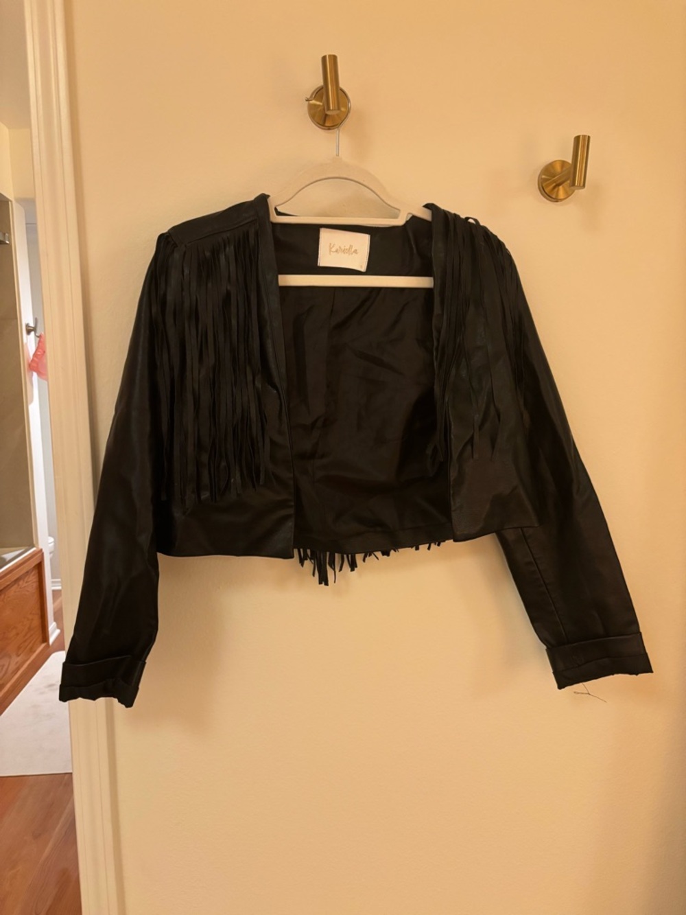 Black Cropped Fringe Leather Jacket for Women